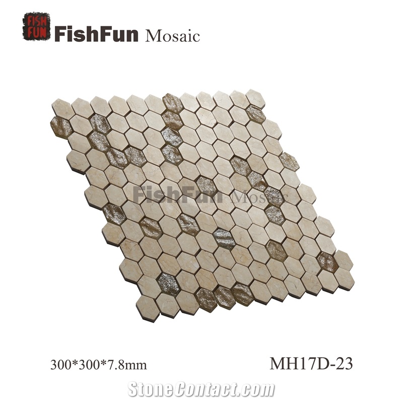 Hexagon Marble & Glass Mosaic Tile 23x26.5mm, Yellow Marble Mosaic Tile, Galala Mosaic, Polished Surface, Garden & Balcony Marble and Glass Mosaic Tile, Kitchen Mosaic