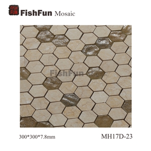 Hexagon Marble & Glass Mosaic Tile 23x26.5mm, Yellow Marble Mosaic Tile, Galala Mosaic, Polished Surface, Garden & Balcony Marble and Glass Mosaic Tile, Kitchen Mosaic
