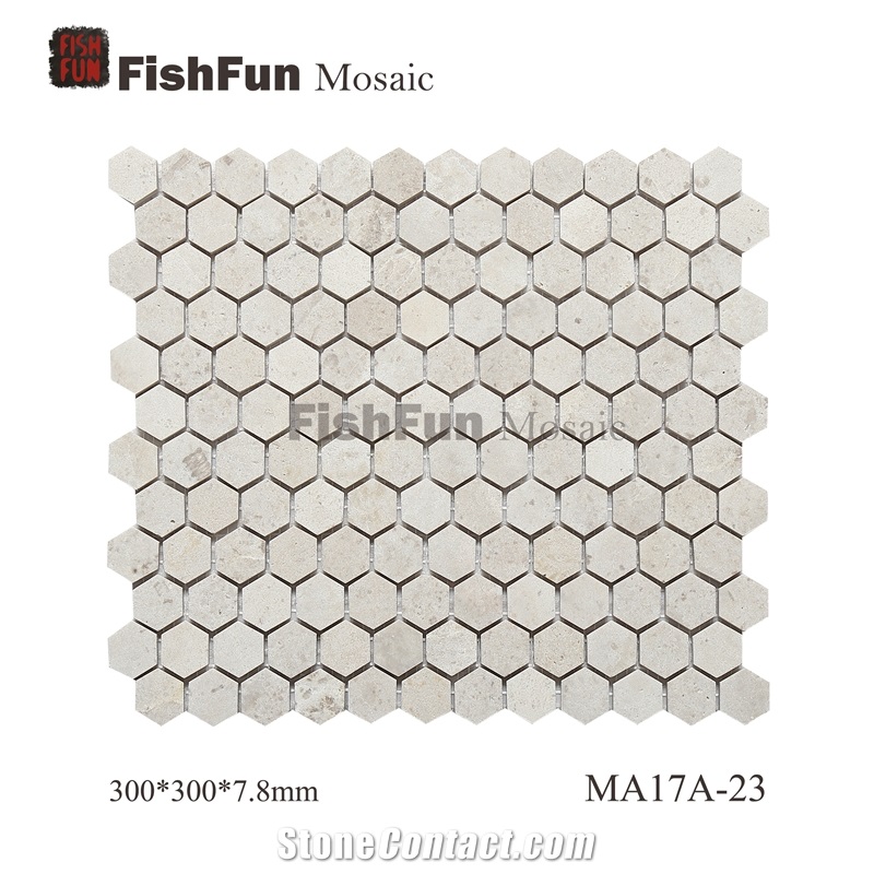 Hexagon Marble Mosaic Tile 23x26.5mm, Beige Marble Mosaic Tile, White Travertine Mosaic, Polished Surface, Garden & Balcony Marble Mosaic Tile, Kitchen Marble Mosaic Tile