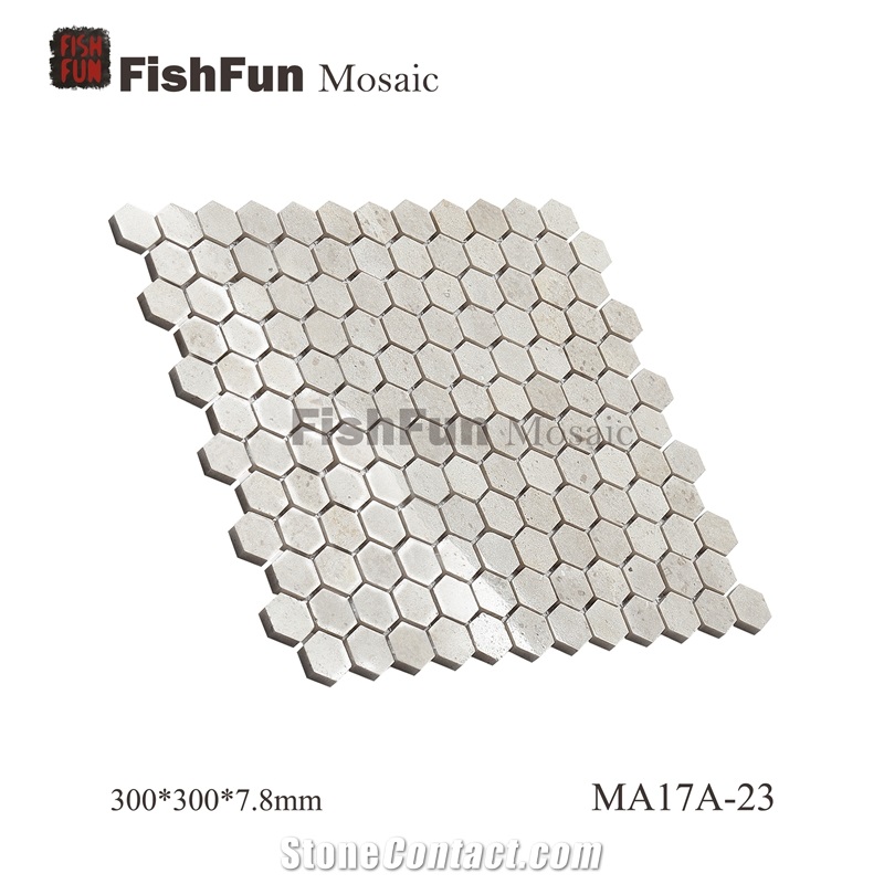 Hexagon Marble Mosaic Tile 23x26.5mm, Beige Marble Mosaic Tile, White Travertine Mosaic, Polished Surface, Garden & Balcony Marble Mosaic Tile, Kitchen Marble Mosaic Tile
