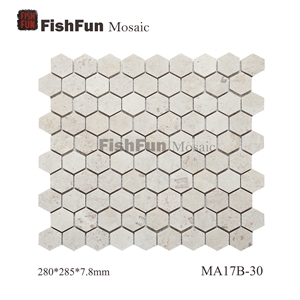 Hexagon Marble Mosaic Tile 30x34.5mm, Beige Marble Mosaic Tile, White Travertine Mosaic, Polished Surface, Garden & Balcony Marble Mosaic Tile, Kitchen Marble Mosaic Tile