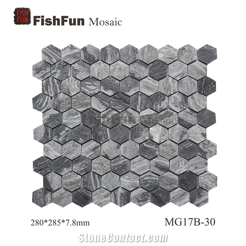 Hexagon Marble Mosaic Tile 30x34.5mm, Grey Marble Mosaic Tile, Wave Grey Mosaic, Polished Surface, Garden & Balcony Marble Mosaic Tile, Kitchen Marble Mosaic Tile