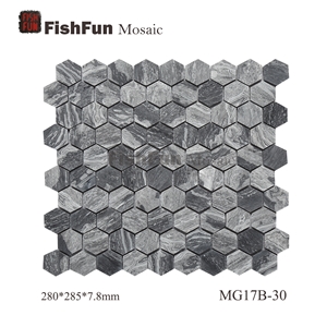 Hexagon Marble Mosaic Tile 30x34.5mm, Grey Marble Mosaic Tile, Wave Grey Mosaic, Polished Surface, Garden & Balcony Marble Mosaic Tile, Kitchen Marble Mosaic Tile