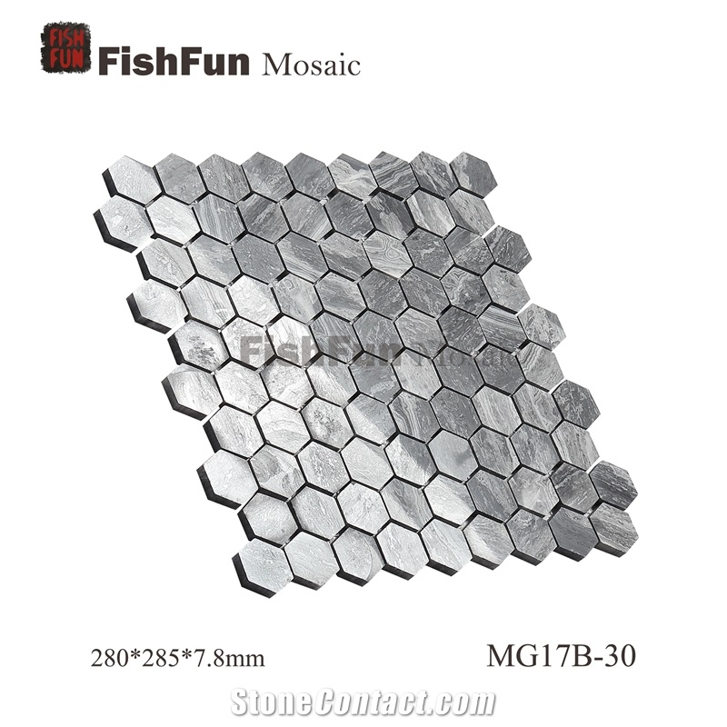 Hexagon Marble Mosaic Tile 30x34.5mm, Grey Marble Mosaic Tile, Wave Grey Mosaic, Polished Surface, Garden & Balcony Marble Mosaic Tile, Kitchen Marble Mosaic Tile