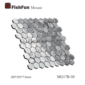 Hexagon Marble Mosaic Tile 30x34.5mm, Grey Marble Mosaic Tile, Wave Grey Mosaic, Polished Surface, Garden & Balcony Marble Mosaic Tile, Kitchen Marble Mosaic Tile