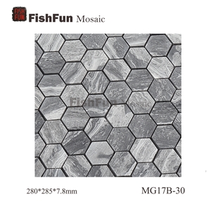 Hexagon Marble Mosaic Tile 30x34.5mm, Grey Marble Mosaic Tile, Wave Grey Mosaic, Polished Surface, Garden & Balcony Marble Mosaic Tile, Kitchen Marble Mosaic Tile