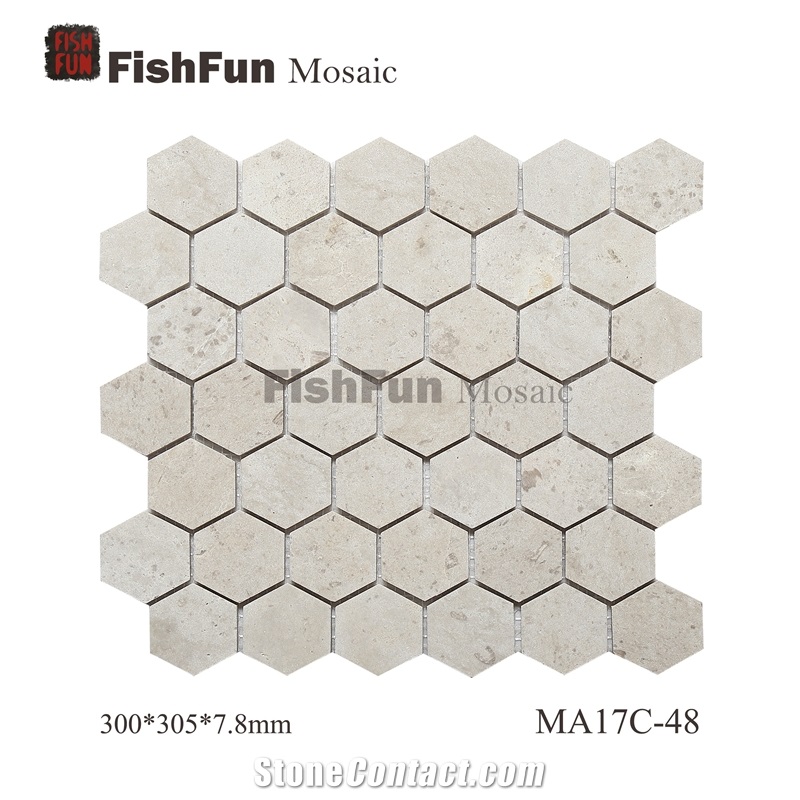 Hexagon Marble Mosaic Tile 48x55.4mm, Beige Marble Mosaic Tile, White Travertine Mosaic, Polished Surface, Garden & Balcony Marble Mosaic Tile, Kitchen Marble Mosaic Tile