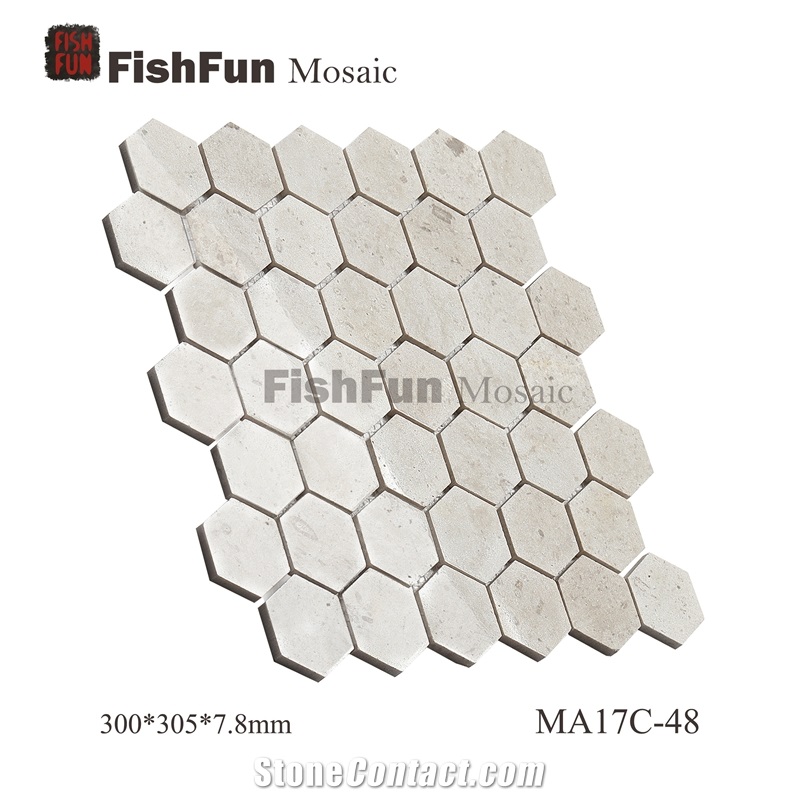 Hexagon Marble Mosaic Tile 48x55.4mm, Beige Marble Mosaic Tile, White Travertine Mosaic, Polished Surface, Garden & Balcony Marble Mosaic Tile, Kitchen Marble Mosaic Tile