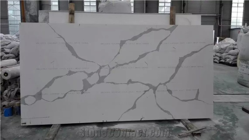 A Quality Calacatta White Marble Look Quartz Stone Solid Surfaces Polished Slabs Tiles Engineered Stone Artificial Stone Slabs for Hotel Kitchen,Bathroom Backsplash Walling Panel Customized Edge