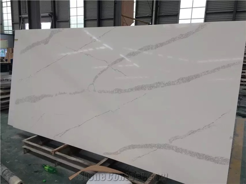 A Quality Calacatta White Marble Look Quartz Stone Solid Surfaces Polished Slabs Tiles Engineered Stone Artificial Stone Slabs for Hotel Kitchen,Bathroom Backsplash Walling Panel Customized Edge