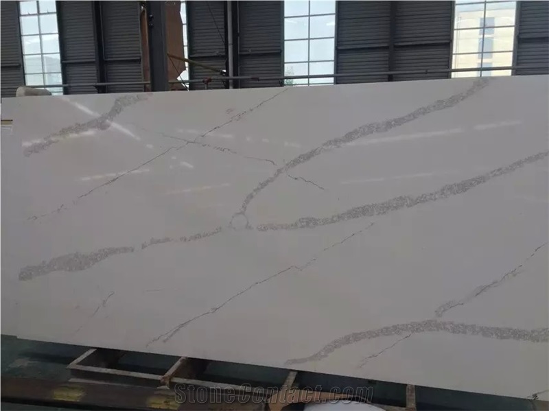 A Quality Calacatta White Marble Look Quartz Stone Solid Surfaces Polished Slabs Tiles Engineered Stone Artificial Stone Slabs for Hotel Kitchen,Bathroom Backsplash Walling Panel Customized Edge
