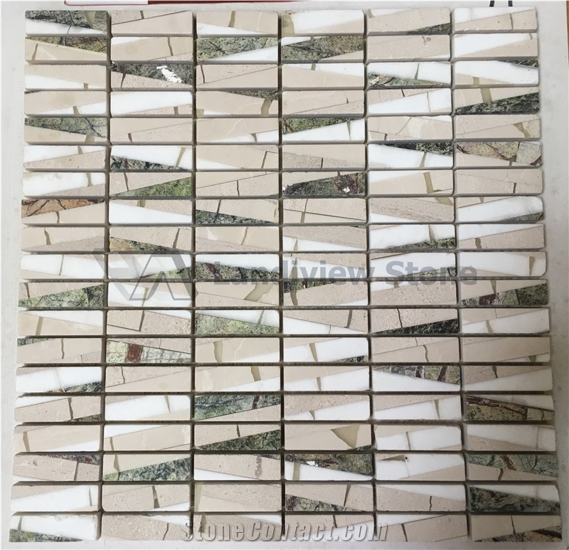 Natural Marble Mosaic, Carrara White + Rainforest Green + Moca Cream