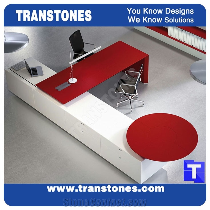 Eastern Red Artificial Stone Acrylic Marble Office Ceo Work Table Desk,Engineered Stone Solid Surface Reception Desk Interior Stone Design Furniture.Transtones Customized