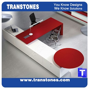 Eastern Red Artificial Stone Acrylic Marble Office Ceo Work Table Desk,Engineered Stone Solid Surface Reception Desk Interior Stone Design Furniture.Transtones Customized