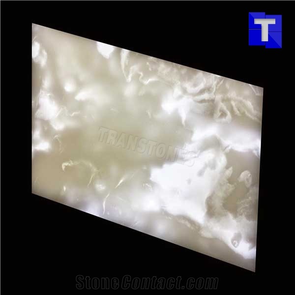 Fantasty Crystal Ice White Translucent Backlit Onice,Binaco Artificial Onyx Tile,Engineered Stone Alabaster Tiles Slabs for Tabletop Bar Tops Cladding,Wall Panel,Glass Stone,Transtones Customized