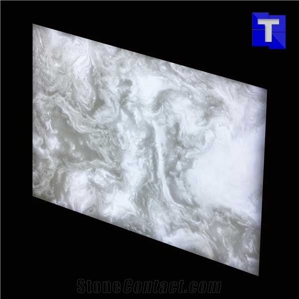 Fantasty Crystal Ice White Translucent Backlit Onice,Binaco Artificial Onyx Tile,Engineered Stone Alabaster Tiles Slabs for Tabletop Bar Tops Cladding,Wall Panel,Glass Stone,Transtones Customized