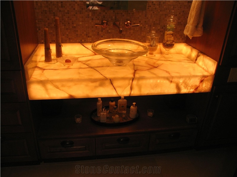 Golden Solid Surface Artificial Onyx Bath Top,Vanity Top,Engineered Stone Alabaster for Bathroom Design Countertops,Transtones Customized