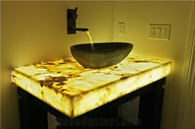 Golden Solid Surface Artificial Onyx Bath Top,Vanity Top,Engineered Stone Alabaster for Bathroom Design Countertops,Transtones Customized