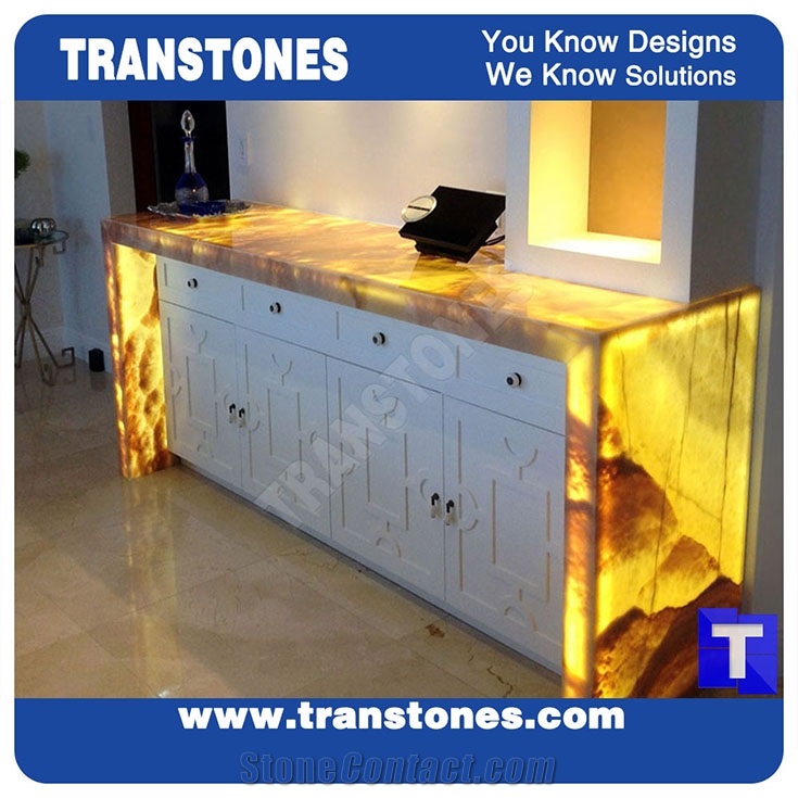Hotel Project-Artificial Honey Onyx Translucent Backlit Kitchen Countertop,Islands Top,Solid Surface Manmade Engineered Stone Worktop,Reception Tops,Transtones Customized