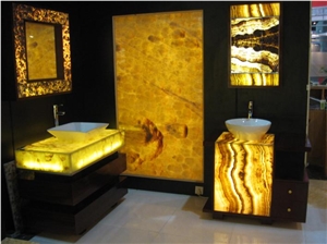 Solid Surface Artificial Yellow Onyx Tiles Slabs for Bath Top,Vanity Top,Engineered Stone Alabaster Tile for Walling Panel,Transtones Customized Bath Countertops