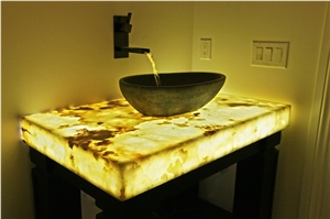 Solid Surface Artificial Yellow Onyx Tiles Slabs for Bath Top,Vanity Top,Engineered Stone Alabaster Tile for Walling Panel,Transtones Customized Bath Countertops