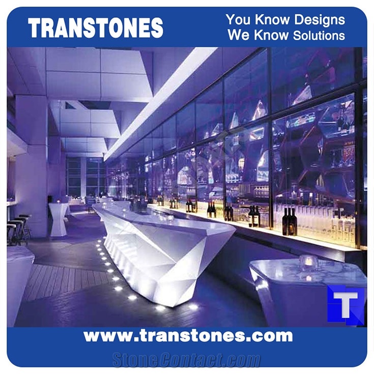 White Aritificial Marble Stone Bar Tops,Club Reception Desk Table 3d Surface Design,Solid Surface Engineered Stone Countertops,Transtones Customized