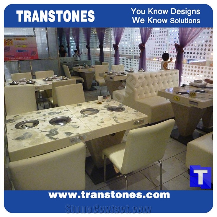 White Artificial Stone Calacatta Gold Marble Hotel Dinner Desk,Engineered Stone Solid Surface Reception Desk Interior Stone Design Acrylic Furniture,Transtones Customized