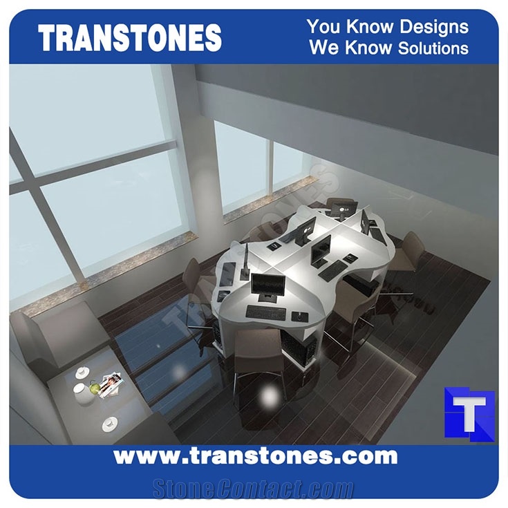 White Artificial Stone Marble Office Meeting Work Table Desk,Engineered Stone Solid Surface Reception Desk Interior Stone Design Acrylic Furniture,Transtones Customized Free Designs