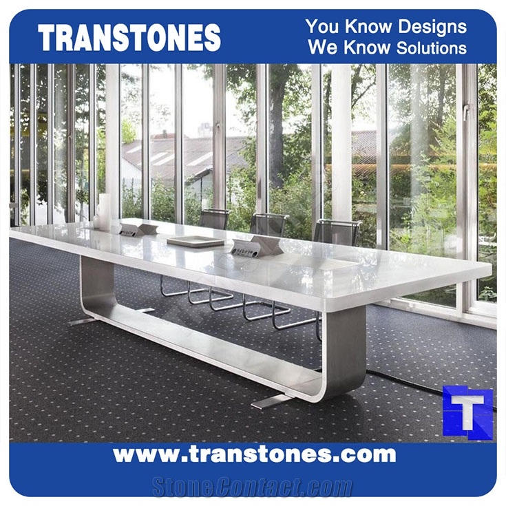 White Artificial Stone Marble Office Meeting Work Table Desk,Engineered Stone Solid Surface Reception Desk Interior Stone Design Acrylic Furniture,Transtones Customized Free Designs