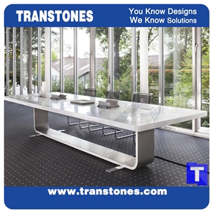 White Artificial Stone Marble Office Meeting Work Table Desk,Engineered Stone Solid Surface Reception Desk Interior Stone Design Acrylic Furniture,Transtones Customized Free Designs