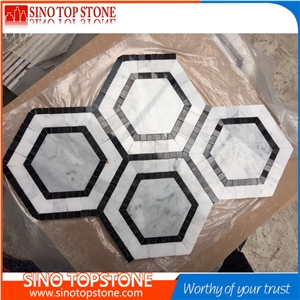 Natural Marble Bianco Carrara White and Black Marble Hexagon Mosaic Tile