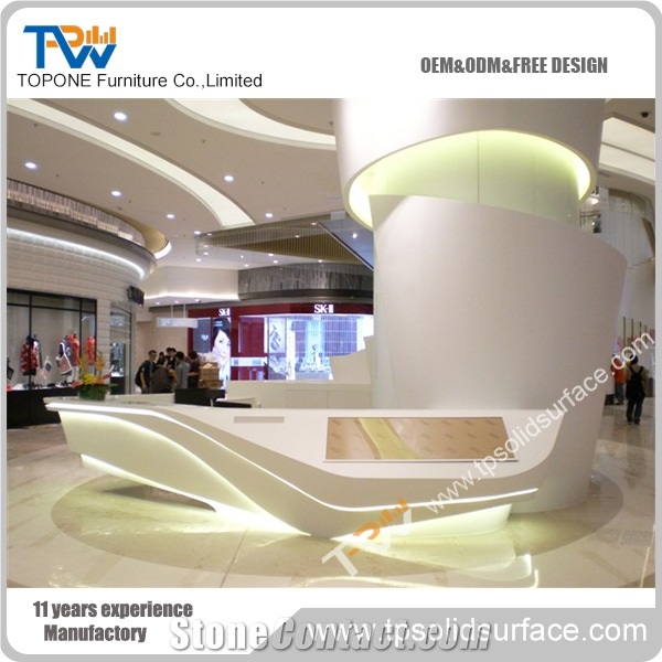 Artificial Marble Stone High Quality Shopping Mall Reception Desk with Display, Acrylic Solid Surface Reception Desk Tops Furniture
