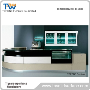 Black Color Bar Table Tops Restaurant Wooden Bar Counter Design with Display Case, Black Corian Acrylic Solid Surface Restaurant Wooden Bar Counter Tops for Sale