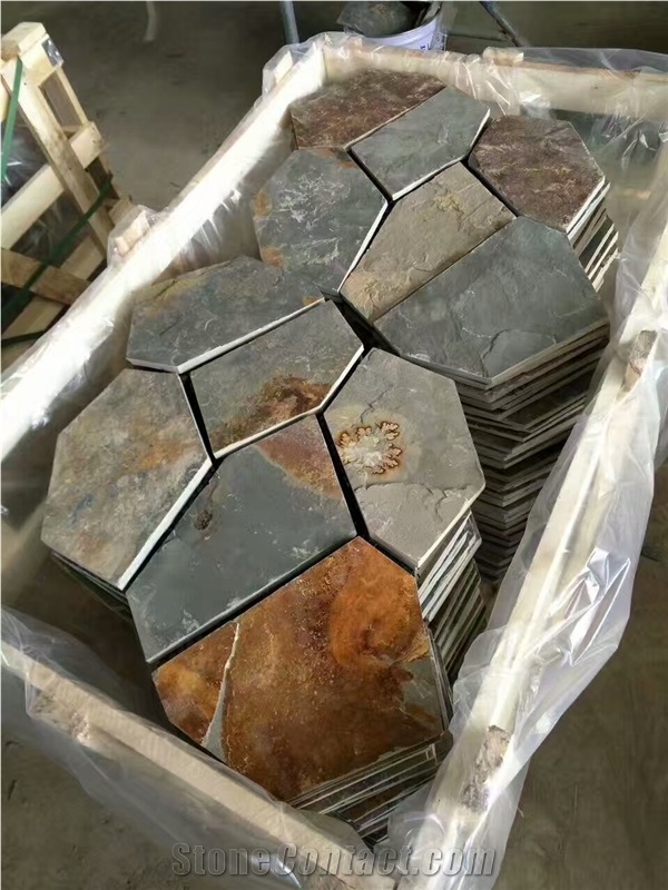 China Slate Crazy Paving, Natural Rust Slate Net Paste, Shape Cut Natural Stone