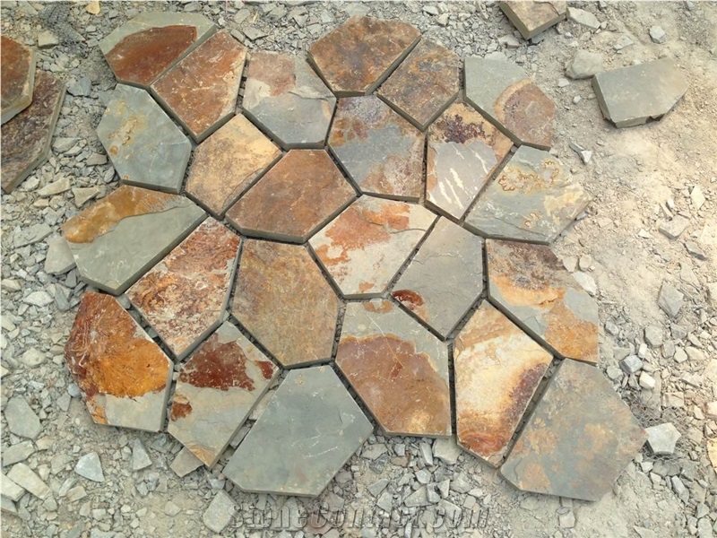 China Slate Crazy Paving, Natural Rust Slate Net Paste, Shape Cut Natural Stone