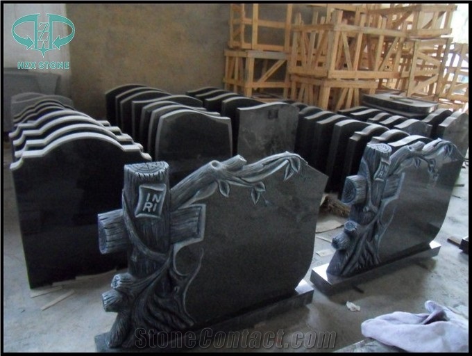 Shanxi Black Granite Tombstone & Monument,Memorials,Gravestone & Jesus Sculpture Cross Headstone Produce for Poland Client
