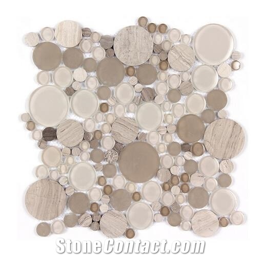 Circle Grey Wood Marble Mix Glass Pebble Mosaic Tile for Wall