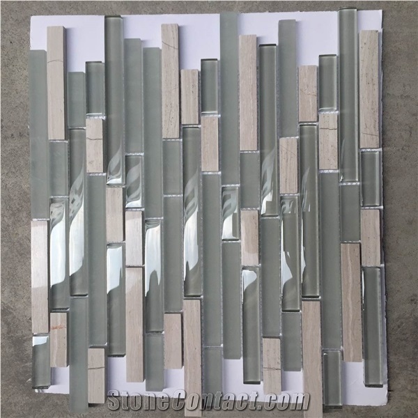 Marble Wooden Grey Mix Brown Glass Mosaic for Wall Strip Tile