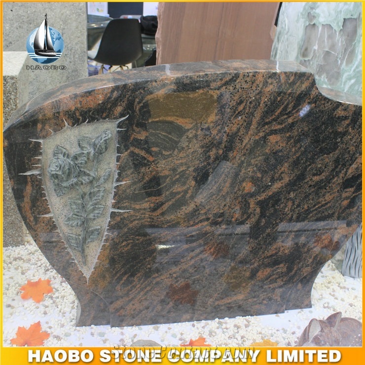Aurora Granite Headstone with Green Rose Inlayed