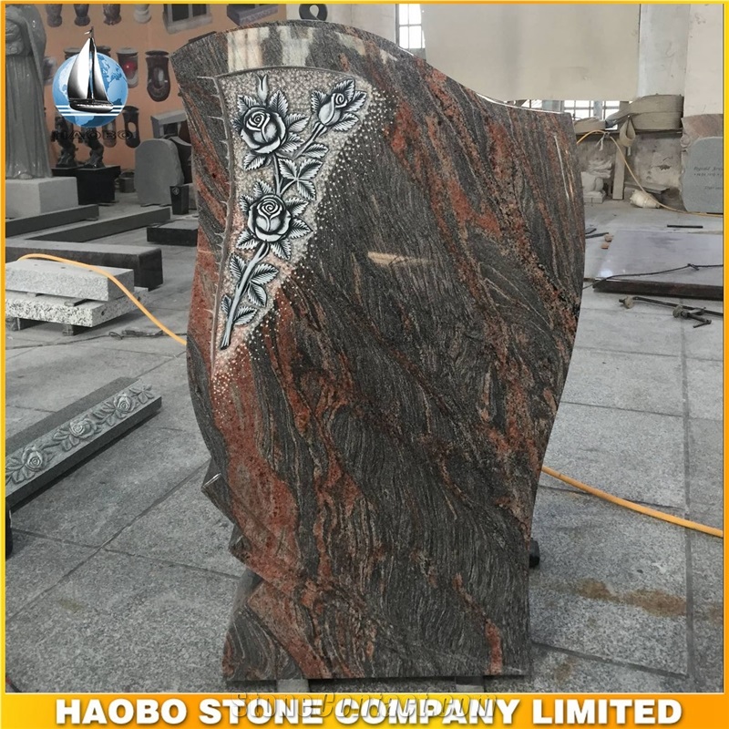 Columbia Red Granite Headstone, High Quality Gravestone with Rose Carving, Hand Carved Rose Headstones, Upright Monuments, Rose Carving Tombstones