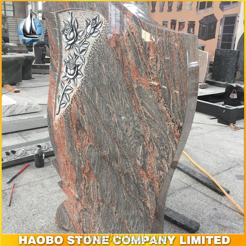 Columbia Red Granite Headstone, High Quality Gravestone with Rose Carving, Hand Carved Rose Headstones, Upright Monuments, Rose Carving Tombstones