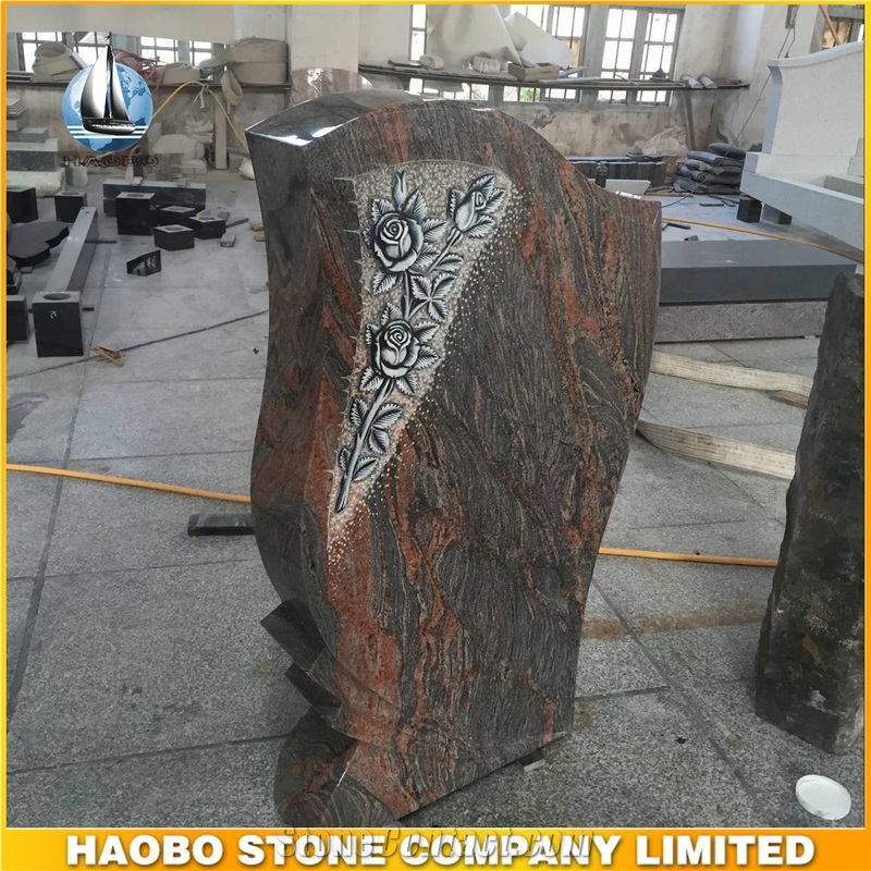 Columbia Red Granite Headstone, High Quality Gravestone with Rose Carving, Hand Carved Rose Headstones, Upright Monuments, Rose Carving Tombstones