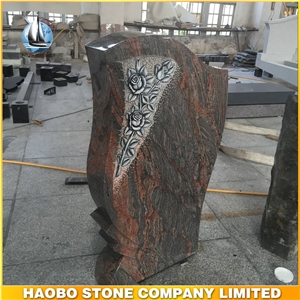 Columbia Red Granite Headstone, High Quality Gravestone with Rose Carving, Hand Carved Rose Headstones, Upright Monuments, Rose Carving Tombstones
