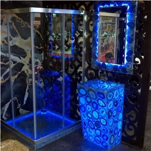 Translucent Blue Gemstone Stone Stand Desk Backlit Semiprecious Stone