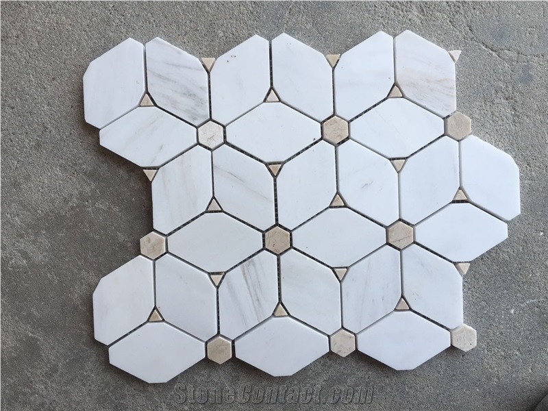 White Marble Mosaic Mosaic Mosaic Bathroom Tiles Floor Mosaic Diamond Shaped Polished Surface, Garden & Balcony Marble and Glass Mosaic Tile, Kitchen Mosaic