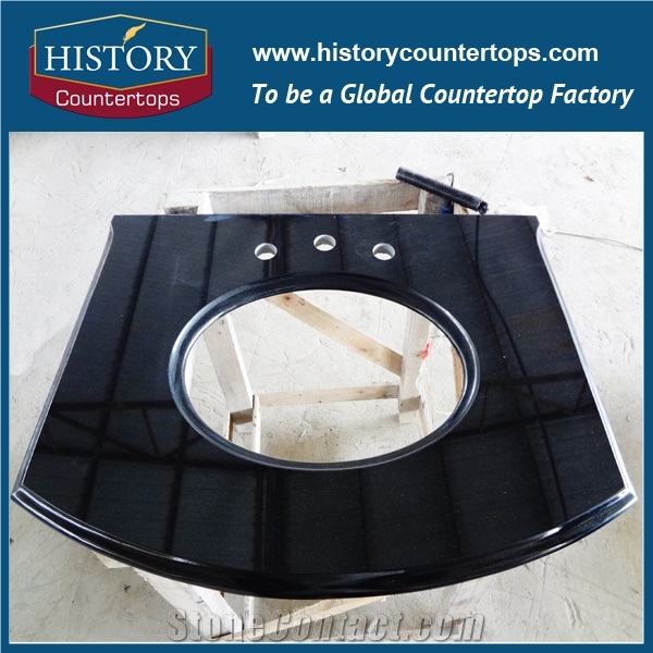 Absolutely Black Granite Bathroom Tops with Single or Double Sinks, Solid Surface Vanity Tops with Lamnated Edge for Hospitality and Multifamily Projects