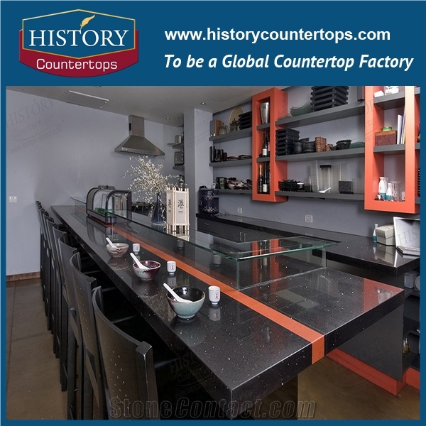 Black Platinum Quartz Countertops Polished Surface for Kitchen Dsigns, Enguneered Artificial Stone Kitchen Island Tops with Flat Edging for Hospitality Projects