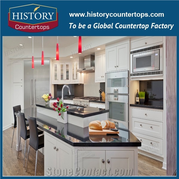 China Absolute Black Granite Kitchen Tops with Laminated Bullnose Edge, Engineered Stone Countertops with Polished Surface, Standard and Custom Size Stone Island Tops for Multi-Family Projects