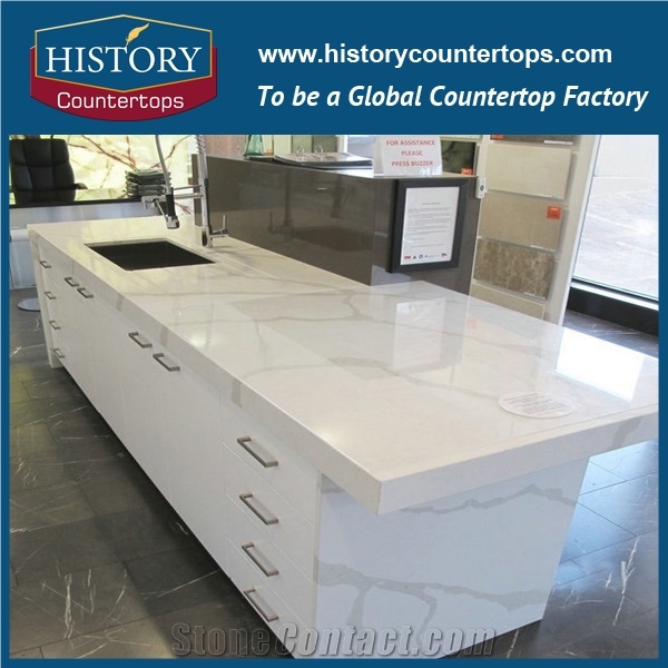 China White Calacatta Quartz Kitchen Island Tops Worktops with Flat Edge, Engineered Artificial Stone Countertops Polished Surface for Nulti-Family Projects