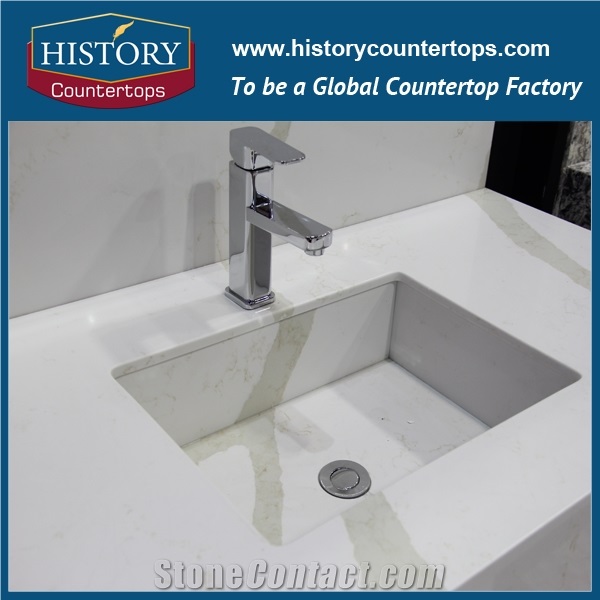 Chinese Calacatta White Artificial Quartz for Polished Batheroom Countertops,Custom Vanity Tops Materials,Flat Edge, Eased Edge, Beveled Edge